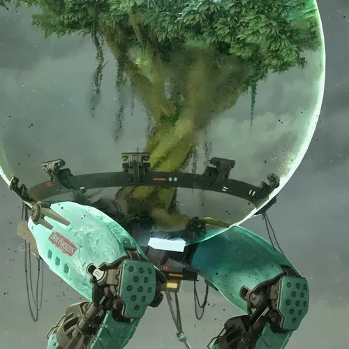 A digital painting of a large green mech robot standing before a planet with a massive tree and hanging vines emerging from its surface in a hazy atmosphere.