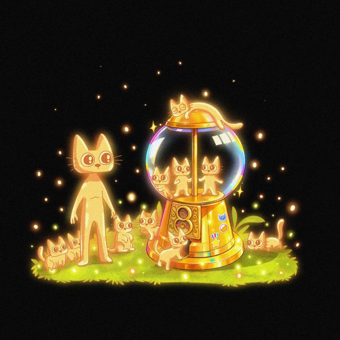 An illustration of orange cat-like creatures, including a tall humanoid one, gathered around a glowing gachapon-style capsule machine dispensing cat figures on a grassy patch with fireflies.