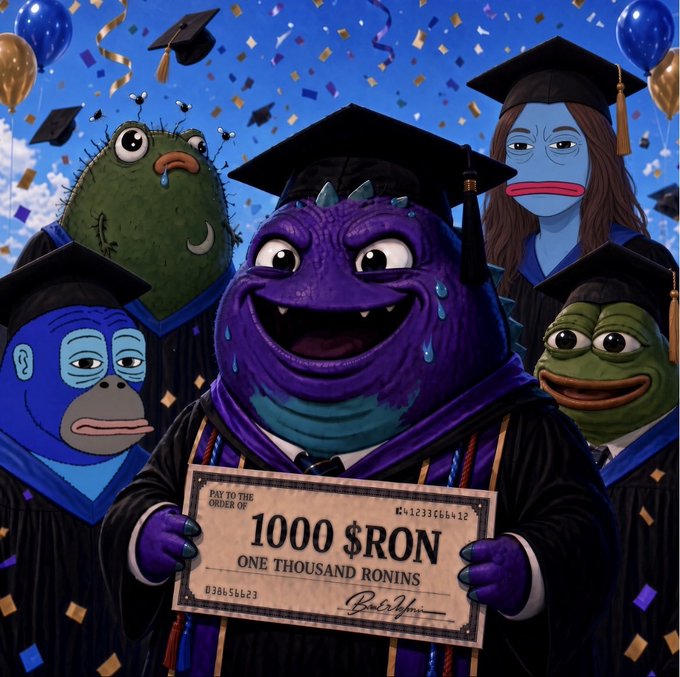 A group of cartoon characters wearing graduation caps and gowns celebrate at a commencement ceremony, with a purple monster in the center proudly holding a novelty check for "1000 $RON / ONE THOUSAND RONINS," while confetti and balloons fill the background. The image ties to the post's celebration of $BLOOP's graduation/migration milestone, symbolizing the recipient's 1000 $RON token reward for studying and engaging with the Bloop project.