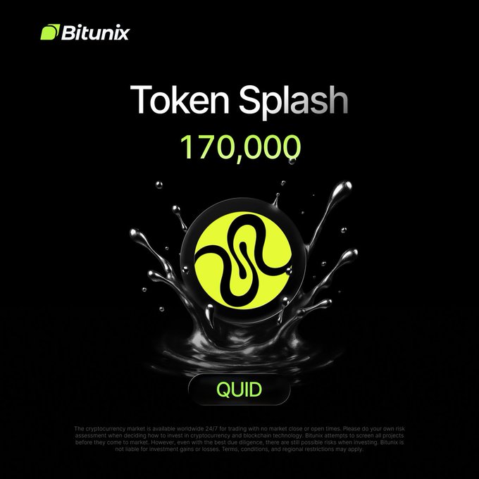 A Bitunix Token Splash promotional graphic announces a 170,000 $QUID prize pool featuring the Squid Router token logo splashing in liquid, matching the post's call to action for users to join via bitunix.com/p/1u5u.