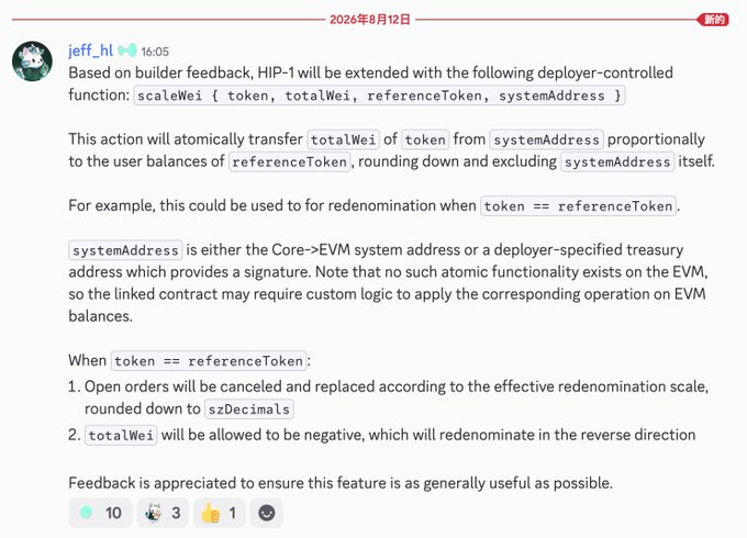 A bulletin post from "jeff.hl" on August 12, 2026, announces that HIP-1 will be extended with a deployer-controlled `scaleWei` function enabling atomic proportional token transfers from a system address, useful for redenomination when `token == referenceToken`. The related discussion highlights how this functionality could enable FLAP dividend implementation once spot seats are auctioned on Hypercore, benefiting both RWA and token issuers.