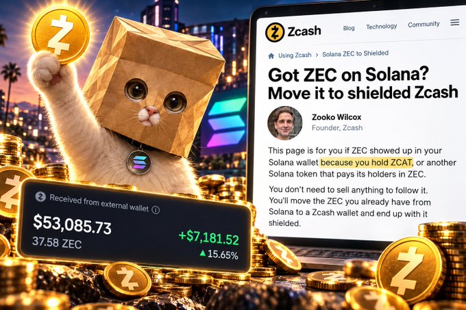 A whimsical cat wearing a cardboard box hat holds up a Zcash coin, alongside a screenshot of Zooko Wilcox's "Got ZEC on Solana? Move it to shielded Zcash" blog post and a notification showing a received amount of $53,085.73 (+$7,181.52) worth of ZEC. The image visually represents the user's excitement about receiving a substantial ZEC airdrop from holding $ZCAT, directly tying into Zooko Wilcox's advice on moving their Solana-held ZEC into a shielded Zcash wallet.