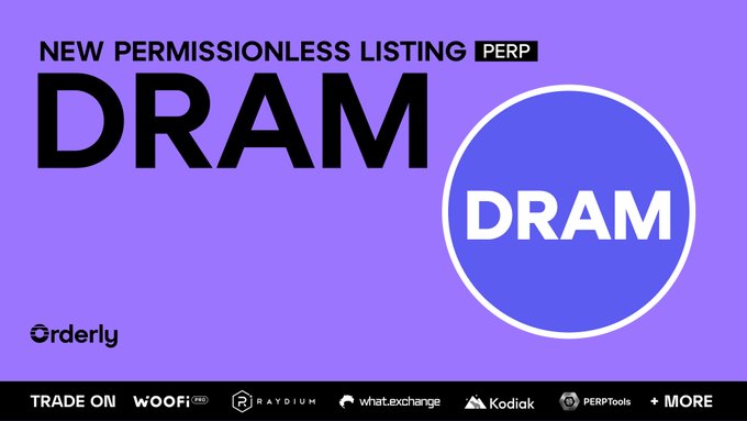 The image features a purple background with a white circle containing blue text reading "DRAM" at the center. Surrounding this central phrase are logos for several companies related to semiconductor memory products, including companies like "Woofi", "Dexterly", and "what Exchange". These logos appear to be associated with a platform that allows trading of funds or tokens derived from companies in the semiconductor memory industry. The text on the image suggests that users can trade these funds for up to 10x leverage based on their investment, with the focus currently being on DEXs related to semiconductor memory products.