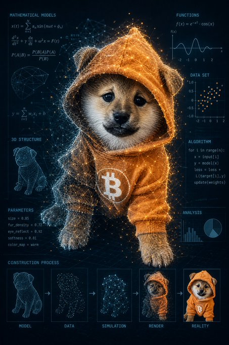 A technical diagram-style image of a Shiba Inu dog in an orange Bitcoin hoodie surrounded by mathematical models, functions, data sets, algorithms, and a 'CONSTRUCTION PROCESS' showing the transformation from model to reality.