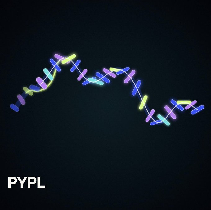 A glowing, multicolored DNA double helix illustration set against a dark blue background, with the text "PYPL" displayed in white in the bottom left corner.