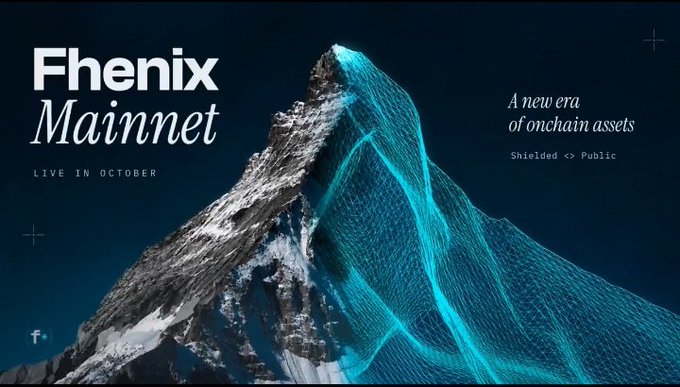 A promotional graphic for 'Fhenix Mainnet' with text 'LIVE IN OCTOBER' and 'A new era of onchain assets - Shielded <> Public', featuring a snow-capped mountain overlaid with a glowing cyan wireframe network.