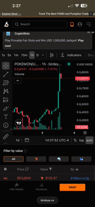 A crypto trading app screenshot showing POKEMON/U.../birdeye at $0.8241, down 7.01%, with a candlestick chart and a SWAP button.