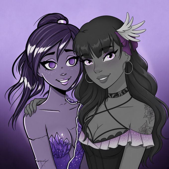 Digital illustration of two female characters with purple and dark hair against a purple background, one with wing accessories and a choker.