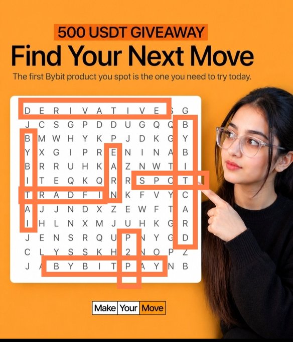 A Bybit '500 USDT GIVEAWAY - Find Your Next Move' word search puzzle with words like DERIVATIVES, TRADFI, and BYBIT PAY highlighted.