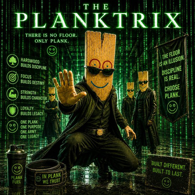 A stylized movie-poster parody featuring masked figures with wooden plank faces wearing sunglasses and leather jackets in a Matrix-inspired green digital rain background. The image displays the title "THE PLANKTRIX" with slogans like "There is no floor. Only Plank," "In Plank We Trust," and "Built Different. Built to Last," alongside a list of virtues including "Hardwood Builds Discipline," "Focus Builds Destiny," and "Strength Builds Character."