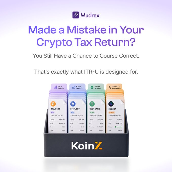 The image is a promotional graphic for Mudrex featuring the headline "Made a Mistake in Your Crypto Tax Return? You Still Have a Chance to Course Correct. That's exactly what ITR-U is designed for," alongside a display of KoinX transaction cards categorized by Spot Trades, Future Trades, Earn & Staking, and Deposits & Withdrawals for assets including BTC/USDT, ETH/USDT, USDT Earn, and Solana. The visual supports the post's message by illustrating how KoinX tracks various crypto activities to help investors identify errors and use ITR-U to amend their tax filings.