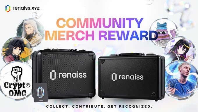 The image features two black suitcases with white text that reads "renaiss xyz community merch reward" written on them. The suitcases are placed next to each other, and there's a caption below them that says "focus on what is in the image and how it relates to the post".