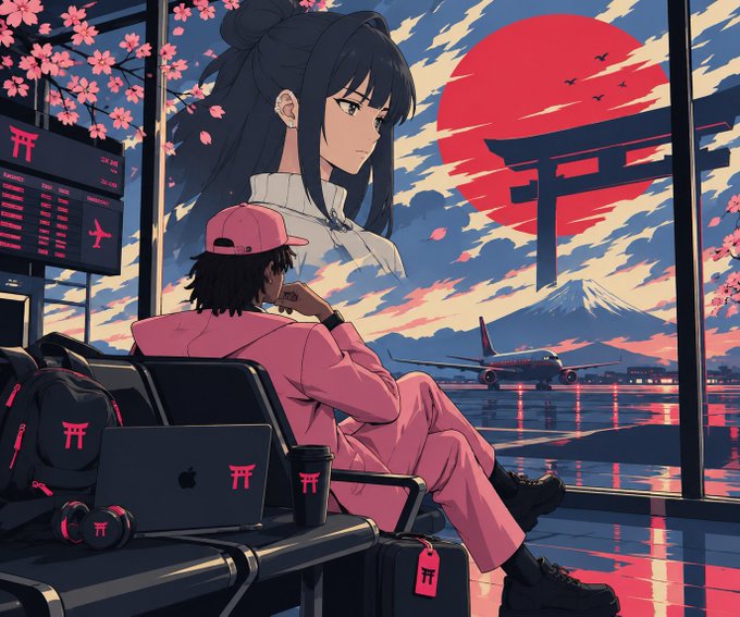 An anime-style illustration shows a person in a pink cap and tracksuit sitting in an airport terminal, looking out a large window at a torii gate, Mount Fuji, cherry blossoms, and a rising red sun.