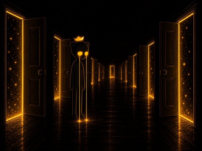 A digital artwork of a dark hallway lined with open doors glowing with golden light, featuring a shadowy figure with glowing eyes wearing a crown in the foreground.