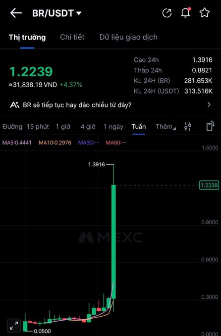 A cryptocurrency trading chart on the MEXC platform showing BR/USDT at 1.2239 VND, up 4.37%, with a dramatic vertical green candlestick spike on the weekly chart.