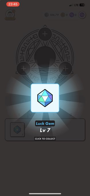 A mobile game screen displays a glowing blue hexagonal 'Luck Gem' at Level 7 with the prompt 'CLICK TO COLLECT' against a mystical dark background.