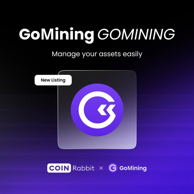 A promotional graphic announcing GoMining's "New Listing" on CoinRabbit, featuring the GoMining logo (a stylized "G" in purple) alongside the text "Manage your assets easily" and a "CoinRabbit × GoMining" partnership banner at the bottom. The image visually celebrates the collaboration mentioned in the post, highlighting the token's new availability on the CoinRabbit platform.
