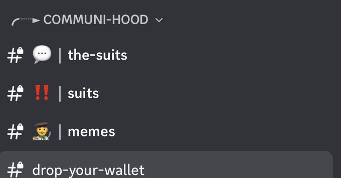 A Discord channel list titled 'COMMUNI-HOOD' showing public channels including '# | the-suits', '#‼️ | suits', '#👨‍🎨 | memes', and a voice channel 'drop-your-wallet'.