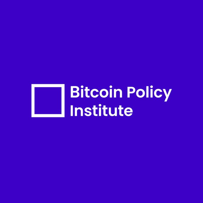 A logo for the 'Bitcoin Policy Institute' featuring a white square outline next to the organization name on a purple background.