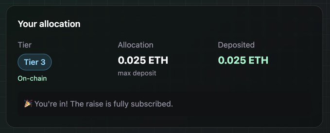A dark-themed crypto platform interface showing 'Your allocation' for 'On-chain' Tier 3, with both 'Allocation' and 'Deposited' showing 0.025 ETH, and a message '🎉 You're in! The raise is fully subscribed.'