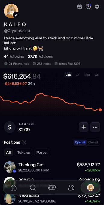 A cryptocurrency trading profile on what appears to be a social platform, showing user 'KALEO (@CryptoKaleo)' with 27.7K followers, stating 'I trade everything else to stack and hold more HMM cat $zn' and 'billions will think 🐱🐕', with a portfolio value of $616,254.84 and a 24h loss of -$248,536.97.