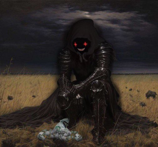 A dark fantasy illustration of a hooded, armored figure with glowing red eyes sitting in a grassy field at night, cradling a pile of small astronaut skulls.