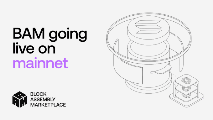 A promotional graphic announces 'BAM going live on mainnet' for the Block Assembly Marketplace, featuring a wireframe illustration of a mechanical component.
