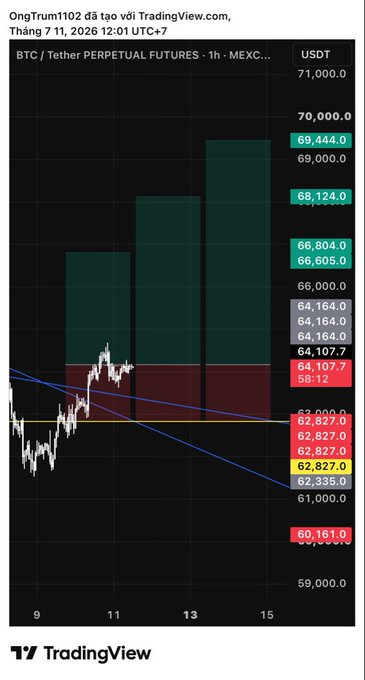 A TradingView candlestick chart for BTC/Tether Perpetual Futures on MEXC, dated July 11, 2026, showing price levels ranging from approximately 60,161 to 71,000 USDT with moving averages.