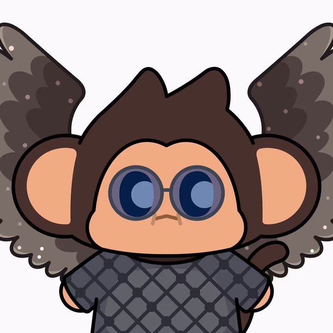 Cartoon character of a monkey wearing round sunglasses and a dark shirt, with small wings visible behind it.