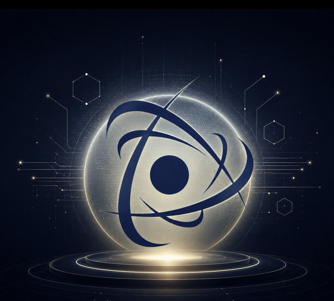A digital illustration featuring a stylized dark blue eye emblem centered within a glowing sphere, surrounded by circuit-like patterns and hexagons on a dark navy background.
