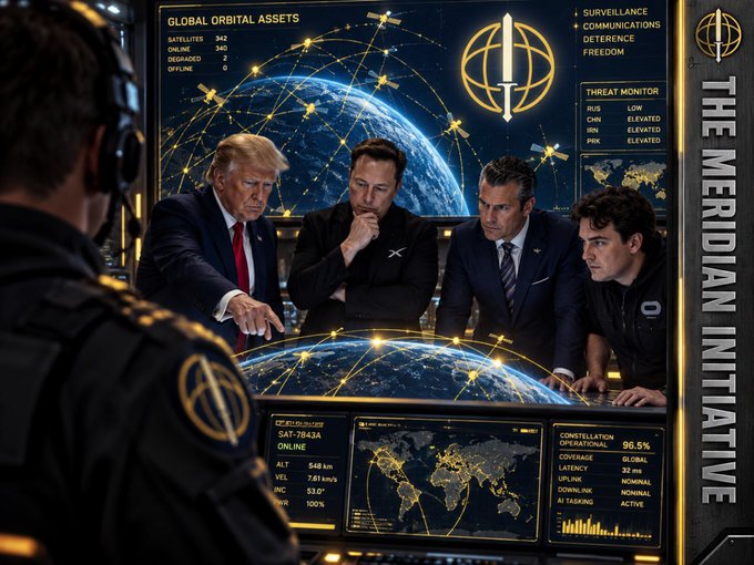 A sci-fi themed digital illustration titled 'THE MERIDIAN INITIATIVE' showing Elon Musk, Donald Trump, Hunter Biden, and a younger man gathered around a holographic globe displaying 'GLOBAL ORBITAL ASSETS' and 'THREAT MONITOR' readouts.