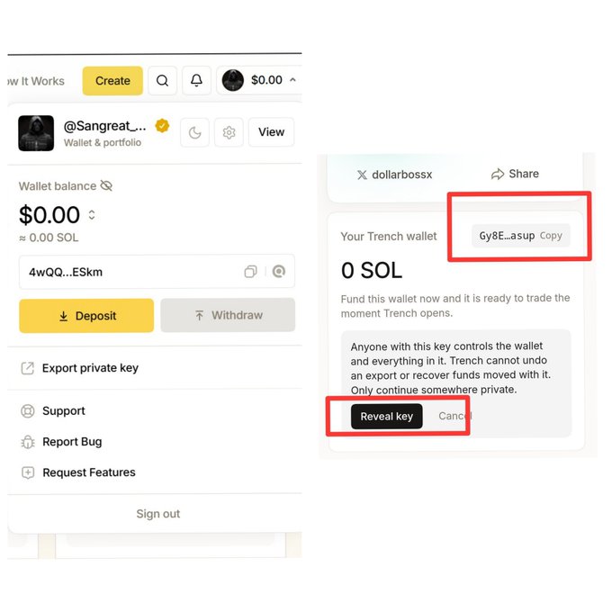 The image shows two wallet interface screenshots—one displaying a wallet balance of $0.00 (≈0.00 SOL) with the wallet ID "4wQQ...ESkm" for user @Sangreat... and a Deposit option, and another showing a "Trench wallet" with 0 SOL, a wallet address "Gy8E...asup," and a "Reveal key" button—illustrating the steps to copy and securely store one's wallet address and key phrase before logging out.