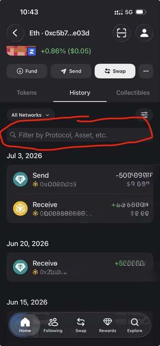 A mobile cryptocurrency wallet interface (likely Coinbase Wallet) showing an Ethereum (Eth) address history tab with a red circle highlighting the 'Filter by Protocol, Asset, etc.' search bar.