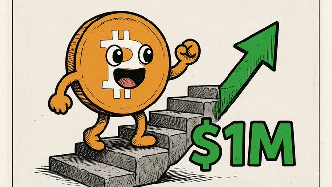 A cartoon Bitcoin character cheerfully climbs a staircase alongside a green upward arrow and "$1M" text, visually representing Bitcoin's potential rise to one million dollars—aligning with Arthur Hayes's thesis that government money printing during an AI-driven credit collapse could drive Bitcoin to that milestone.