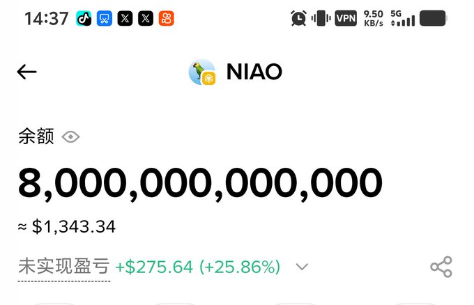 A smartphone wallet shows the $NIAO token holding 8 trillion coins (余额) valued at approximately $1,343.34, despite displaying an unrealized gain of +$275.64 (+25.86%), illustrating the user's frustration that the enormous token quantity still amounts to very little real value.