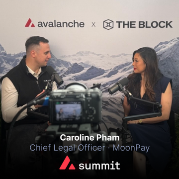Caroline Pham, Chief Legal Officer at MoonPay, is interviewed at the Avalanche x The Block Summit, with on-screen text identifying her role as she discusses U.S. digital asset policy and the Clarity Act impasse.
