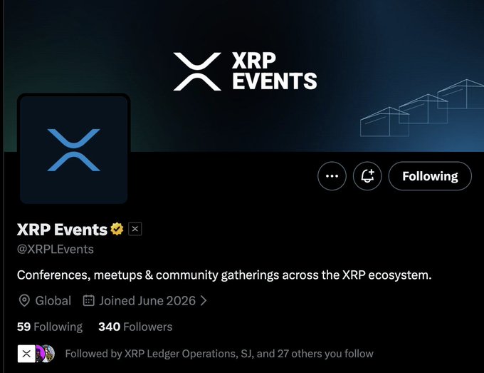 The image shows a social media post from an event named "XRP Events", which appears to be related to cryptocurrency. The post features a blue logo with white text that reads "XRP Events" and includes a list of dates, times, and locations for upcoming events. There is also a small photo of the XRP logo on the right side of the image.