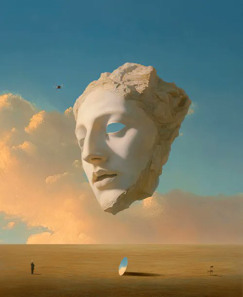 The image features a large, white face that floats above a man who appears small in comparison. Above them, birds fly by the duo as they traverse across an open area with clouds. The backdrop includes a blue sky and a red landscape below it. There is also text present in the image which reads "@fran_nubes" and "SOLD BY @fran_nubes FOR 0.5 ETH ( ($833.50) )".