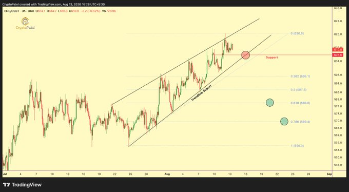 A TradingView 3-hour candlestick chart of BNB/USDT created by CryptoPatel, showing price compressing within an ascending channel near the $611-$620 range, with a marked "Support" zone at $610.4 and key Fibonacci retracement levels (0.786 at $569.4 and 0.618 at $580.5) below, aligning with the post's analysis that the structure remains constructive as long as the $607.6 pivot support holds.