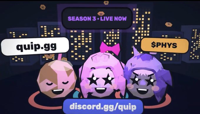 The image is a promotional graphic for Quip.gg, announcing "Season 3 • Live Now" with stylized cartoon characters and the text "quip.gg," "$PHYS," and "discord.gg/quip" overlaid on a pixelated cityscape background. It visually supports the post by highlighting the platform's active new season and its in-game token ($PHYS) that players can earn through gameplay, aligning with the user's appreciation for the rewarding yet skill-based gaming experience.