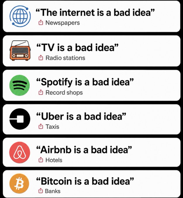 A graphic listing disruptive technologies with quotes like 'The internet is a bad idea' (Newspapers), 'TV is a bad idea' (Radio stations), 'Spotify is a bad idea' (Record shops), 'Uber is a bad idea' (Taxis), 'Airbnb is a bad idea' (Hotels), and 'Bitcoin is a bad idea' (Banks).