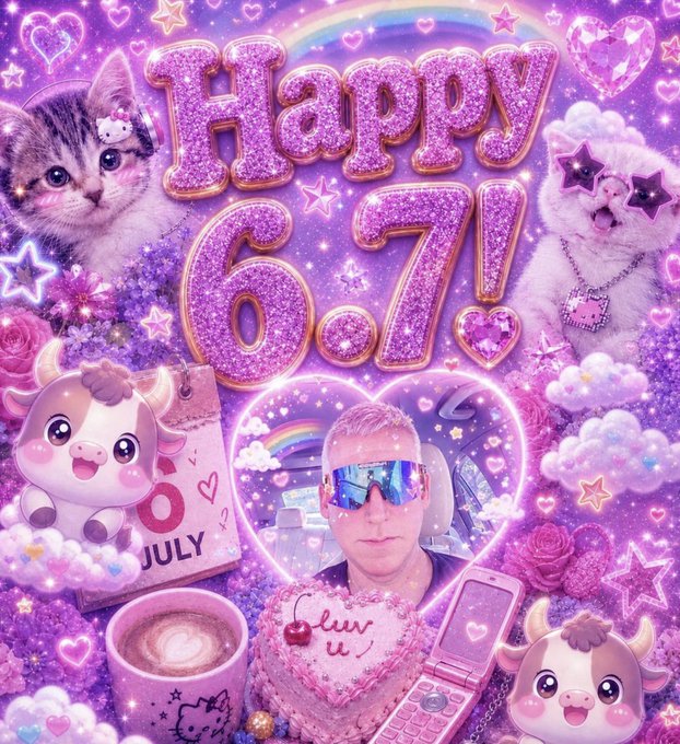 A glittery, heavily edited purple-themed birthday collage celebrating 'Happy 6.7!' featuring a man wearing reflective sunglasses inside a heart, surrounded by cute cats, cows, a Hello Kitty calendar page, and a flip phone.