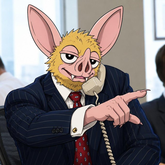 An anthropomorphic rat or bat character with large pink ears, yellow fur, and a snout, dressed in a navy pinstripe suit and red tie, angrily pointing while shouting into a telephone. The cartoon image visually represents "$HOODRAT" by embodying the literal "rat" mascot, adding a meme-style flair to the post's praise of the $HOODRAT team's leadership and vision.
