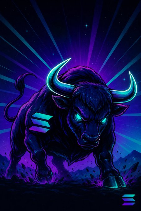 A stylized neon artwork of a charging bull with glowing cyan horns and eyes against a purple cosmic background, featuring the Solana logo on its shoulder.