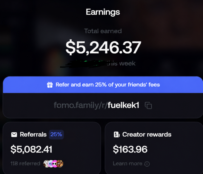 An earnings dashboard shows a total earned amount of "$5,246.37", with referral earnings of "$5,082.41" from "118 referred" and "Creator rewards" of "$163.96", including a referral link "fomo.family/r/fuelkek1".