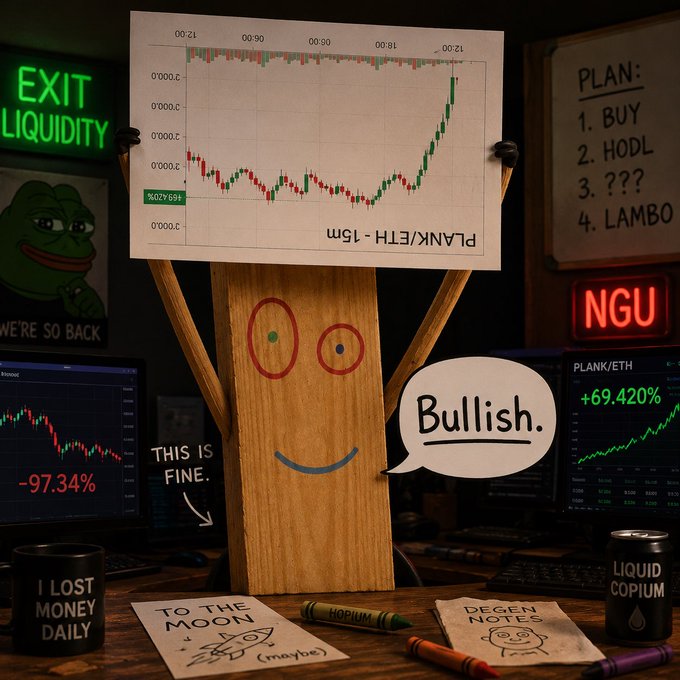 A wooden Pepe figure holds up a PLANK/ETH 15m chart showing +69.420% gains while declaring "Bullish," surrounded by ironic crypto memorabilia ("I LOST MONEY DAILY" mug, "EXIT LIQUIDITY" sign, "LIQUID COPIUM" can, "DEGEN NOTES"). The image humorously captures the self-aware, ironic enthusiasm of the $PLANK community pumping the token despite obvious red flags.