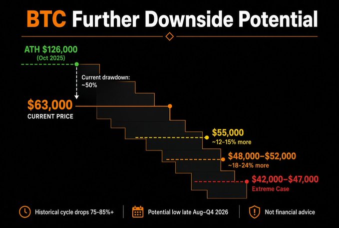 Bitcoin (BTC) price chart highlighting further downside potential from the current $63,000 level (-50% from the $126,000 all-time high in October 2025), with projected targets of $55,000 (12-15% further decline), $48,000-$52,000 (18-24%), and an extreme case of $42,000-$47,000, potentially bottoming in late August to Q4 2026.