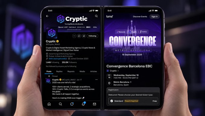 Two iPhones held side by side display Luma's app showing the "Convergence Barcelona EBC" event page (September 16, 2026, at Metric Barcelonetta) alongside a Crypto Twitter profile for @Crypto_Web3 with 1,449 following and 253.5K followers, fitting the post's "iPhone Duo" reference by showcasing two devices displaying crypto event content.
