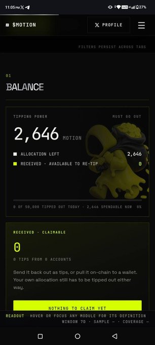 A mobile app screenshot from 'MOTION' showing a balance section with a tipping power of 2,646 MOTION, an allocation left of 2,646, and 0 claimable tips received.