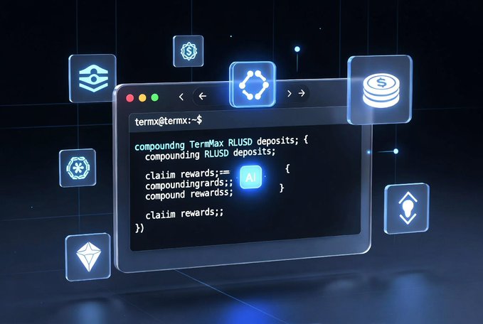 A stylized terminal window shows code for compounding TermMax RLUSD deposits with claim rewards, surrounded by floating blockchain icons.
